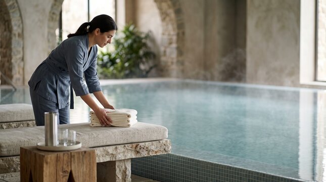 Attendant prepares towels in thermal bath lounge