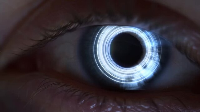 Blue Human Eye with Bright Ring Light Reflection in Extreme CloseUp Portrait