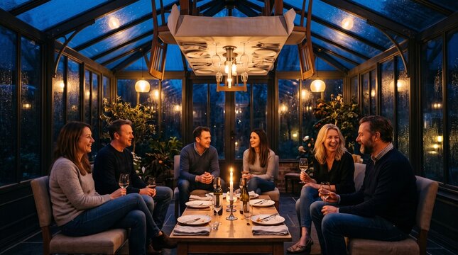 Friends linger after dinner below an inverted table