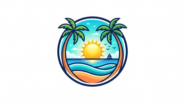Palm trees framing sun ocean sailboat