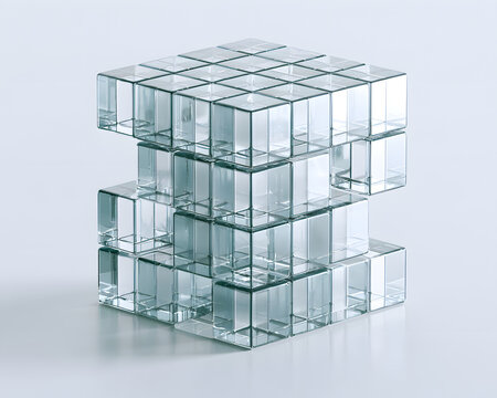 A translucent glass cube in an abstract 3D render, divided into many smaller square panels that represent concepts related to data technology or digital transformation