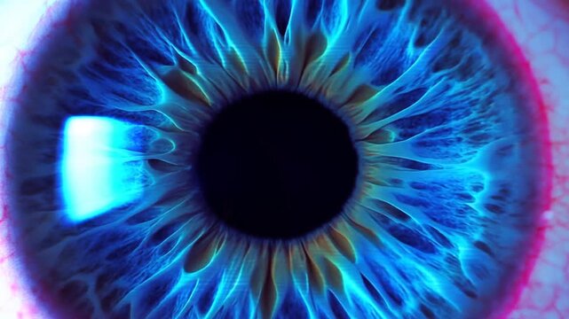 Blue human eye iris with glowing radial patterns shifting in extreme closeup