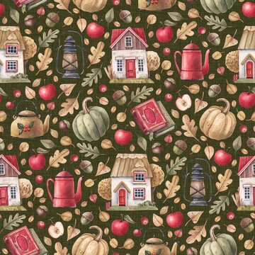 Seamless watercolor autumn pattern with cottage houses, books, kettles, apples and pumpkins on a dark green background