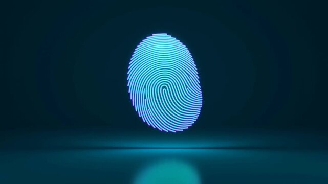 Glowing fingerprint pattern floating above reflective surface in dark blue space