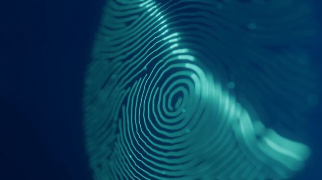 Abstract blue fingerprint pattern with glowing ridges in dark digital background