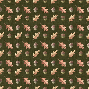 Seamless watercolor pattern with acorns and oak leaves on a dark green textured background