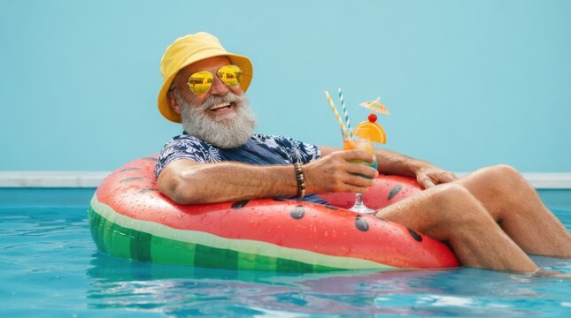 Happy Senior Man Relaxing in Pool with Colorful Drink