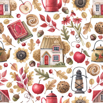 Seamless watercolor autumn pattern with cottage houses, apples, mushrooms, sunflowers and a red teapot on a white background