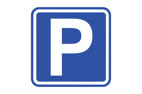 Parking Sign: A clear and concise blue square sign featuring a prominent white letter P indicating a parking area.