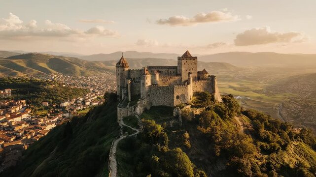 Majestic medieval castle perched atop a verdant hill at sunset.