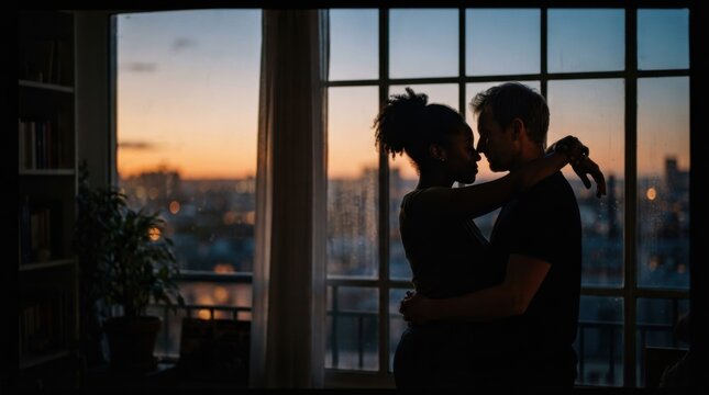 Romantic Couple Embracing at Sunset in Urban Setting