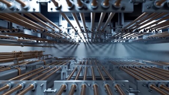 Copper tubing array fills industrial heat exchanger interior with repeating metal structure