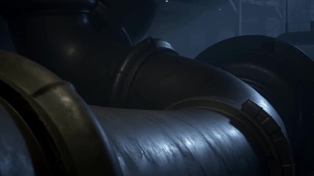 Large Industrial Pipes and Valves in a Dark BlueLit Factory Interior CloseUp