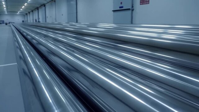 Rows of shiny metal pipes stored across a large industrial warehouse interior