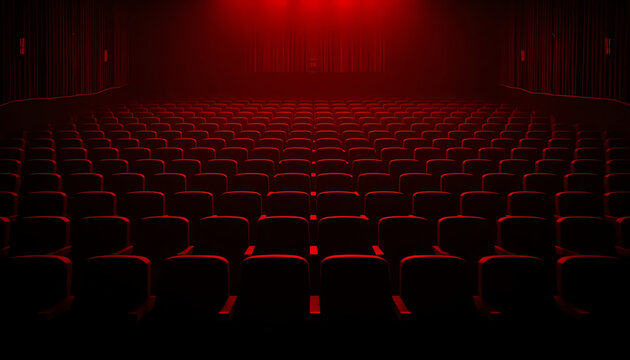 Cinema movie theatre with red seats rows and a black background. Horizontal banner