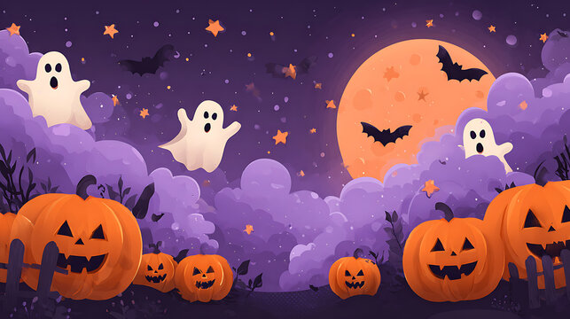 Cute friendly ghost floating in a purple Halloween night sky under full moon