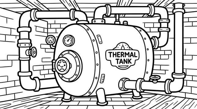 Black and White Line Art of a Thermal Storage Tank with Pipes and Pressure Gauges