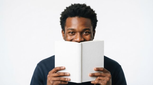 Smiling Man Holding a Book in Front of His Face