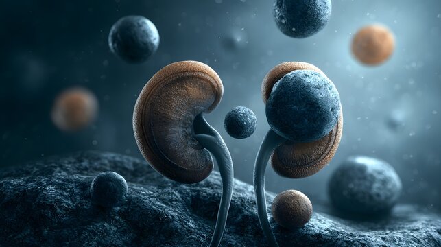 Abstract illustration of human kidneys surrounded by floating particles in a dark, atmospheric environment. Medical visualization for nephrology or kidney health awareness.