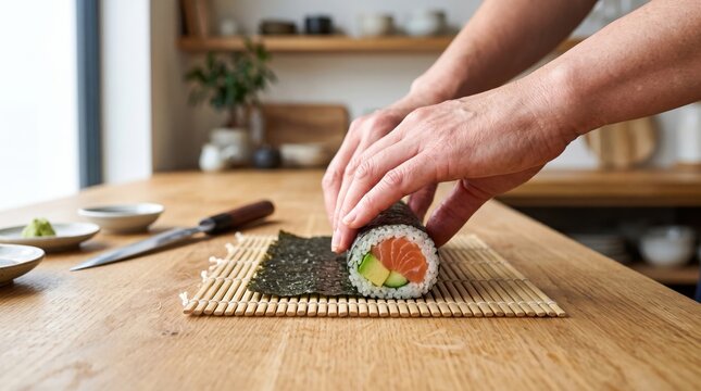 Hands rolling fresh artisan sushi roll with salmon avocado and rice on bamboo mat in kitchen
