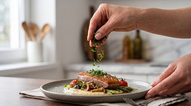 Chef adding fresh green herbs to a gourmet seared meat dish with roasted vegetables and puree in a bright kitchen
