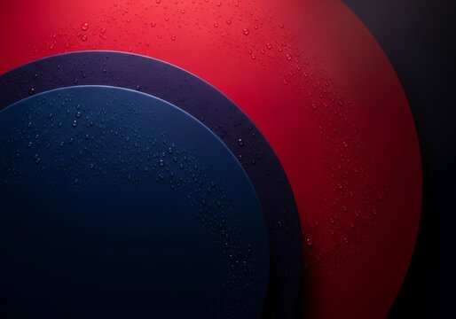 Massive crimson and dark sapphire circles overlap in a minimalist abstract composition, with tiny misty droplets coating the inner surfaces, droplets, pattern, shapes