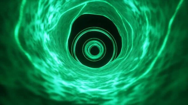Glowing green concentric rings in a circular abstract pattern on black background