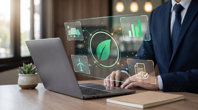 Professional analyzing environmental sustainability dashboard with holographic green energy icons