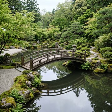Japanese garden with wooden bridge over a pond