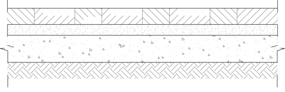 Technical line art vector illustration of a ground-supported floor structure cross-section detail, showing upper floor paver or tile finish blocks with chevron hatch pattern