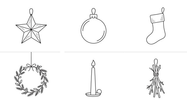 Christmas Icons Set Star Bauble Stocking Wreath Candle Bundle of Sticks