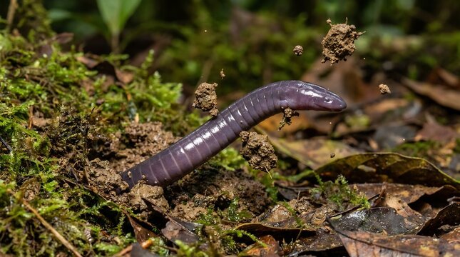 Caecilian amphibian emerging from soil in a forest