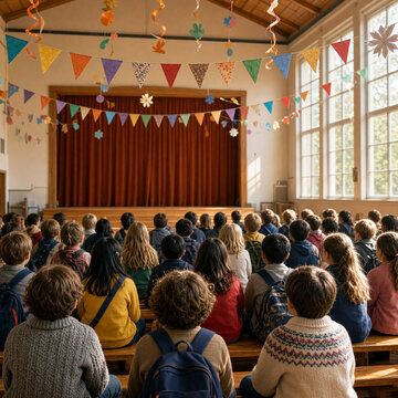 Children seated on bleachers watching stage