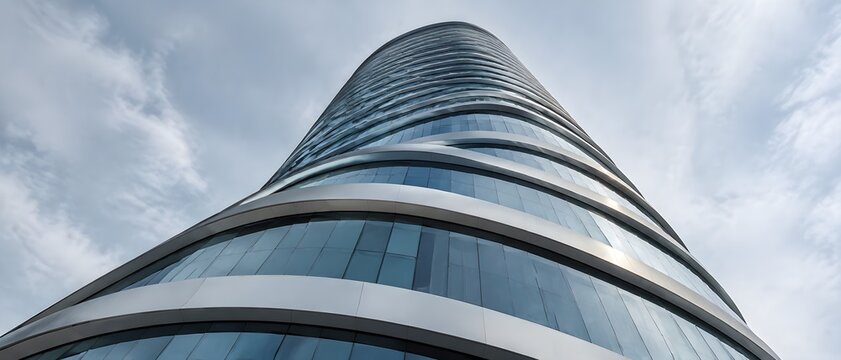 Curved facade leaning gently outward creating futuristic architectural tension against a neutral sky