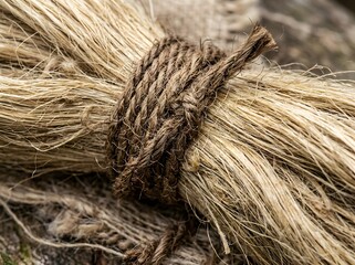 Fototapeta premium Macro shot of natural flax fibers bundled with a rustic twine rope, organic plant texture.