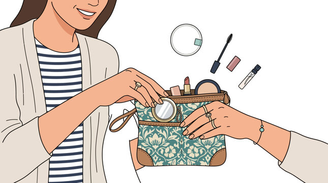 Smiling woman holding a floral cosmetic bag with floating makeup products, beauty accessories, and travel toiletries illustration