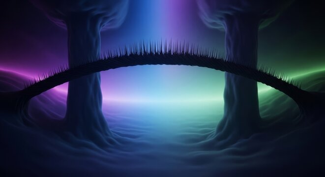 A dark ebony plume bridge arches across a hollow void, held by monumental pillars of thick black fog in a mysterious cosmic observatory, haze, celestial, arch