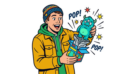 Obraz premium Surprised young man unboxing a small three-eyed turquoise monster character in a vibrant comic book art illustration style