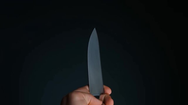 Sharp knife held upright against dark background in closeup with hand visible