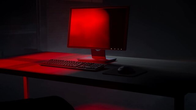 Computer Monitor and Keyboard on Desk Illuminated by Red Light in Dark Room