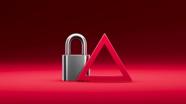 Padlock and Red Warning Triangle Resting on Red Surface in Security Concept Scene