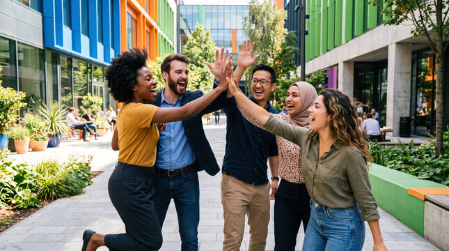 Diverse Friends Giving High Fives Outside Modern Offices in Joyful Teamwork and Community Celebration