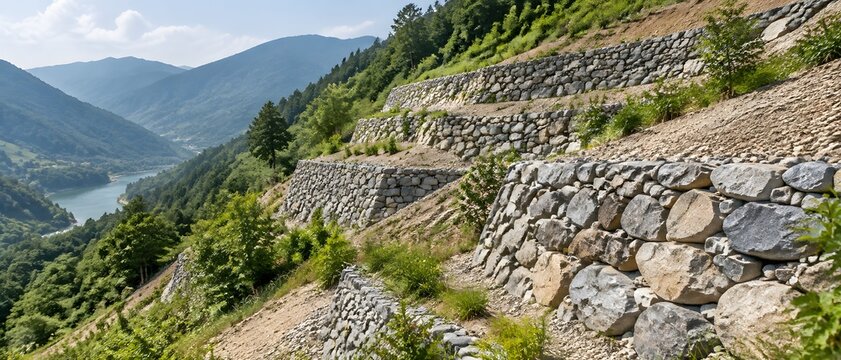 Rock retaining structures stepping down a steep natural slope for erosion control
