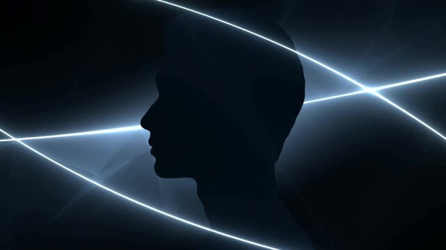 Human Profile Silhouette Against Intersecting Blue Light Lines in Dark Abstract Space