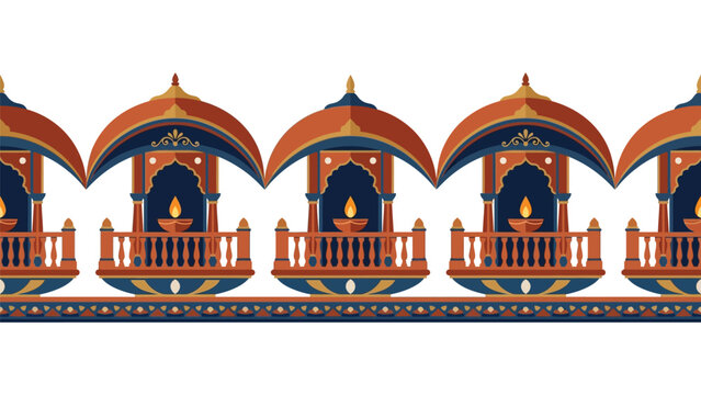 Indian temple border vector illustration with traditional jharokha balcony, dome architecture and burning diya oil lamps for Diwali decoration.