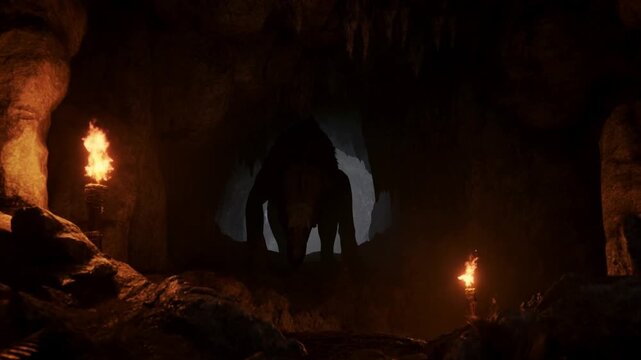 TorchLit Cave Interior with Rocky Passage, Stalactites, and Dark Central Opening