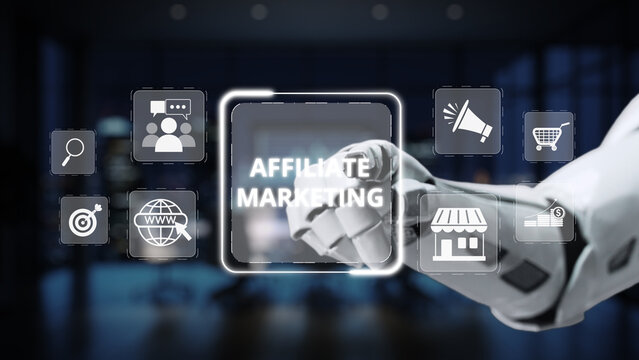 A sleek robotic arm navigates through digital icons representing affiliate marketing, symbolizing technology role in modern business strategies and innovation. Synapse