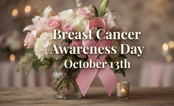 Breast Cancer Awareness Day October 13th Pink Ribbon with Floral Arrangement