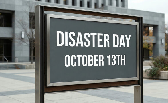 Disaster Day October 13th Sign Outside Modern Government Building