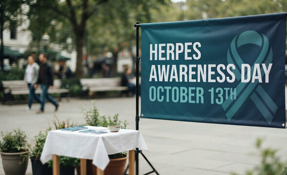 Herpes Awareness Day October 13th Teal Ribbon Banner in Public Park